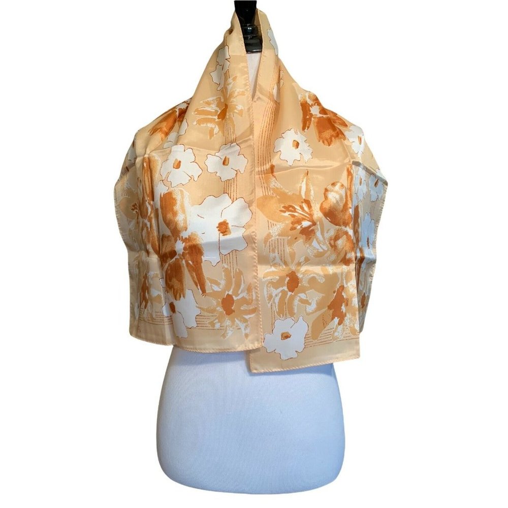 Vintage Vera Floral‎ Scarf Poppies Cream Tan Gold Brown 14"x44" Oblong Acetate - Picture 5 of 8